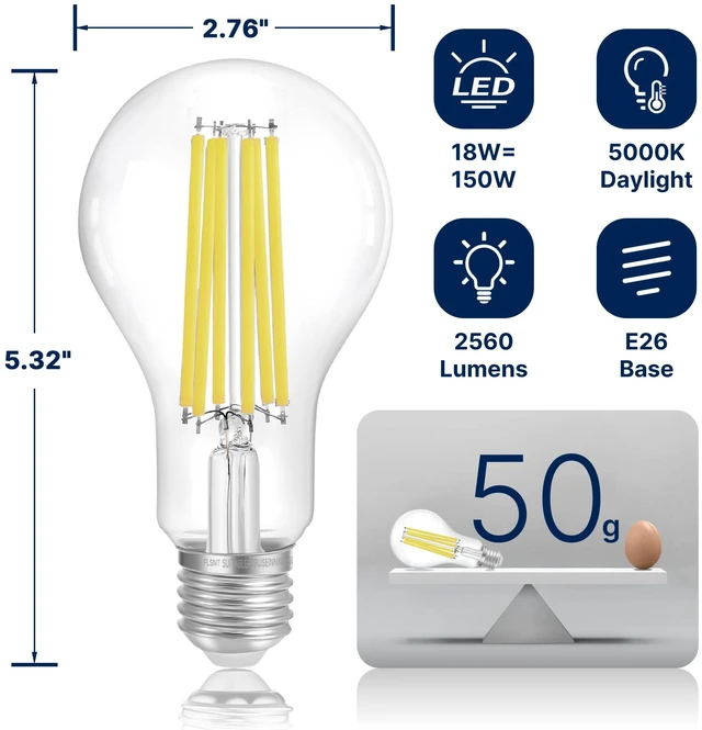 Alt view image 2 of 7 - 150W Eqv Dimmable A23 LED Bulbs, 2650LM, 5000K Daylight, E26, 8 Pack 18W, clear glass, vintage filament, instant on, no flicker, for table lamps, kitchen, garage, workshop