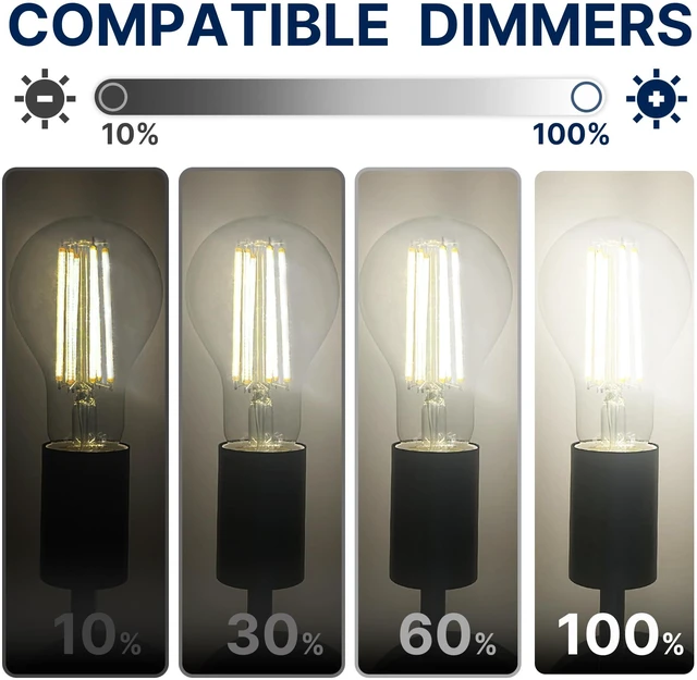 Alt view image 3 of 7 - 150W Eqv Dimmable A23 LED Bulbs, 2650LM, 5000K Daylight, E26, 8 Pack 18W, clear glass, vintage filament, instant on, no flicker, for table lamps, kitchen, garage, workshop