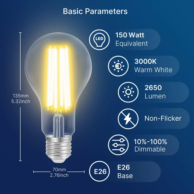 Alt view image 2 of 7 - 150W Eq Dimmable A23 LED, 2650LM, 3000K, E26, 8P 18W, clear glass, vintage filament, instant on, no flicker, for table lamps, living room, bedroom, dining room