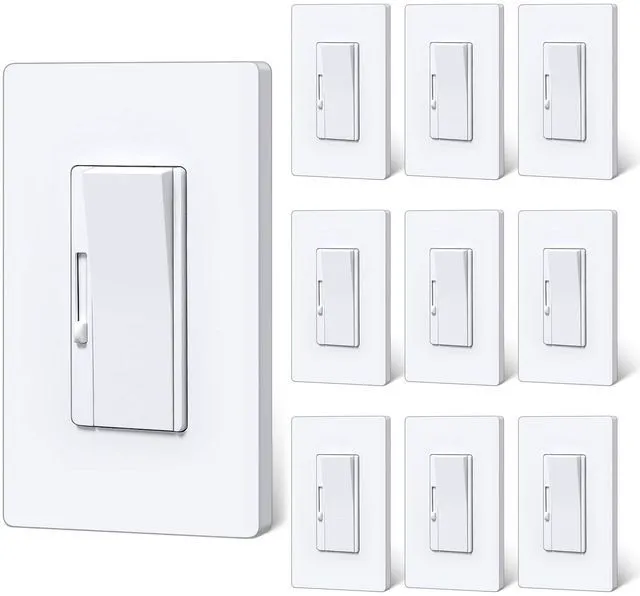 Main image of 10 Bulk Slim Dimmer Light Switch, Max 300W LED, CFL, 600W Halogen ETL Listed, Single Pole or 3 Way Dimmable Switch, Quiet Rocker, Screwless Wallplate Included, White