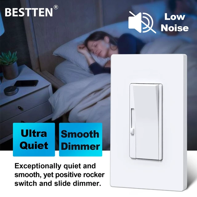 Alt view image 2 of 7 - 10 Bulk Slim Dimmer Light Switch, Max 300W LED, CFL, 600W Halogen ETL Listed, Single Pole or 3 Way Dimmable Switch, Quiet Rocker, Screwless Wallplate Included, White