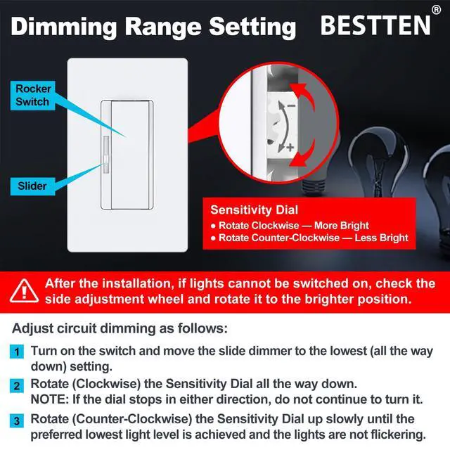 Alt view image 7 of 7 - 10 Bulk Slim Dimmer Light Switch, Max 300W LED, CFL, 600W Halogen ETL Listed, Single Pole or 3 Way Dimmable Switch, Quiet Rocker, Screwless Wallplate Included, White