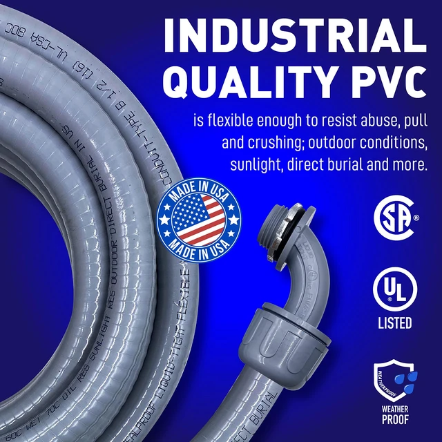 Alt view image 2 of 5 - 1-1/2 Inch Non-metallic Liquid-Tight Conduit and Connector Kit, 25 Foot Made in USA Flexible Electrical Conduit Type B with 4 Straight and 2 90-Degree Conduit Connector Fittings, 1.5" Dia