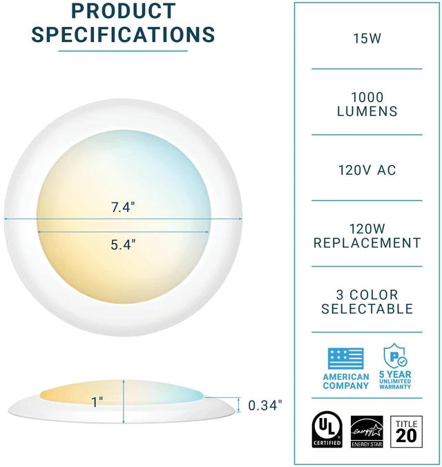 Alt view image 3 of 7 - (12 Pack) 5/6 Inch Dimmable 3CCT LED Disk Lights, 15W Surface Mount Recessed Ceiling Disc Lighting, 3 Color Selectable 3000K/4000K/5000K, 1050lm, J-Box Or Recessed Can Installation, UL-Listed