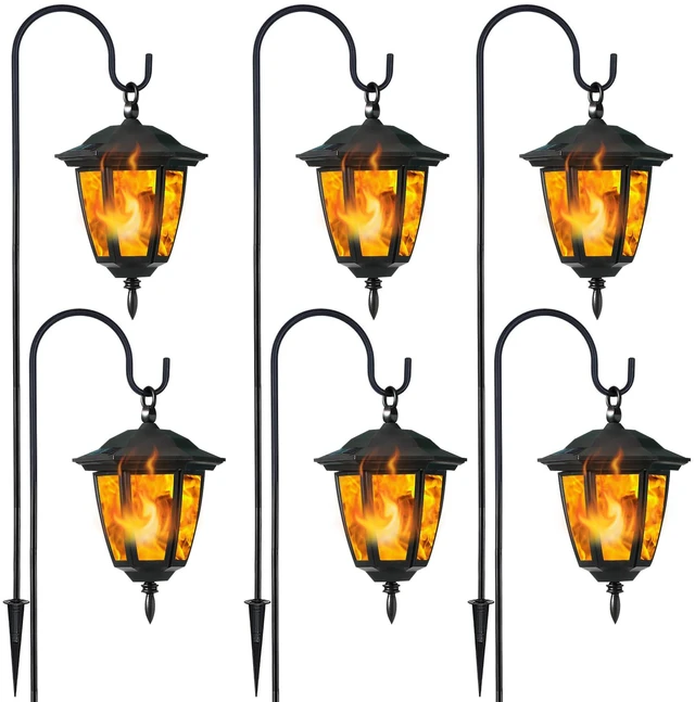 Main image of 6 Pack Solar Flame Hanging Lights Outdoor, Halloween Solar Flickering Flame LED Garden Lanterns with 6 x 38 Inch Shepherd Hooks, Christmas Lighting for Lawn Patio Yard Pathway Driveway