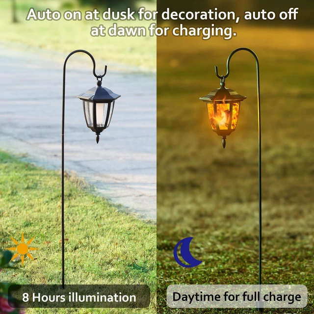 Alt view image 2 of 7 - 6 Pack Solar Flame Hanging Lights Outdoor, Halloween Solar Flickering Flame LED Garden Lanterns with 6 x 38 Inch Shepherd Hooks, Christmas Lighting for Lawn Patio Yard Pathway Driveway