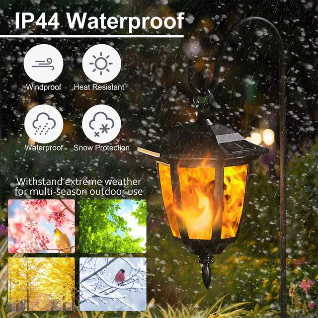 Alt view image 4 of 7 - 6 Pack Solar Flame Hanging Lights Outdoor, Halloween Solar Flickering Flame LED Garden Lanterns with 6 x 38 Inch Shepherd Hooks, Christmas Lighting for Lawn Patio Yard Pathway Driveway