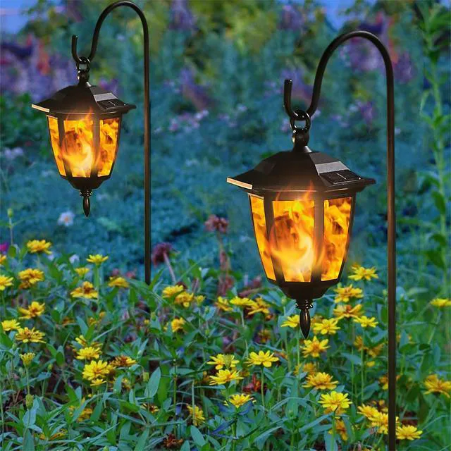 Alt view image 6 of 7 - 6 Pack Solar Flame Hanging Lights Outdoor, Halloween Solar Flickering Flame LED Garden Lanterns with 6 x 38 Inch Shepherd Hooks, Christmas Lighting for Lawn Patio Yard Pathway Driveway