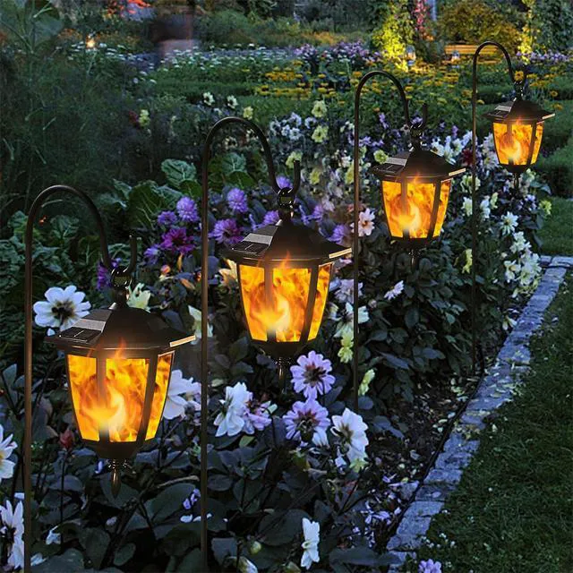 Alt view image 7 of 7 - 6 Pack Solar Flame Hanging Lights Outdoor, Halloween Solar Flickering Flame LED Garden Lanterns with 6 x 38 Inch Shepherd Hooks, Christmas Lighting for Lawn Patio Yard Pathway Driveway