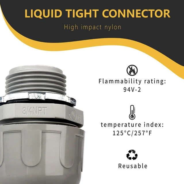 Alt view image 2 of 7 - Conduit Connectors, 3/4 Inch, Straight, Grey, 150-Pack Liquid Tight Connector, NPT, Non-Metallic, for PVC Electrical Flexible Conduit Fittings, 180 Degree, UL Listed
