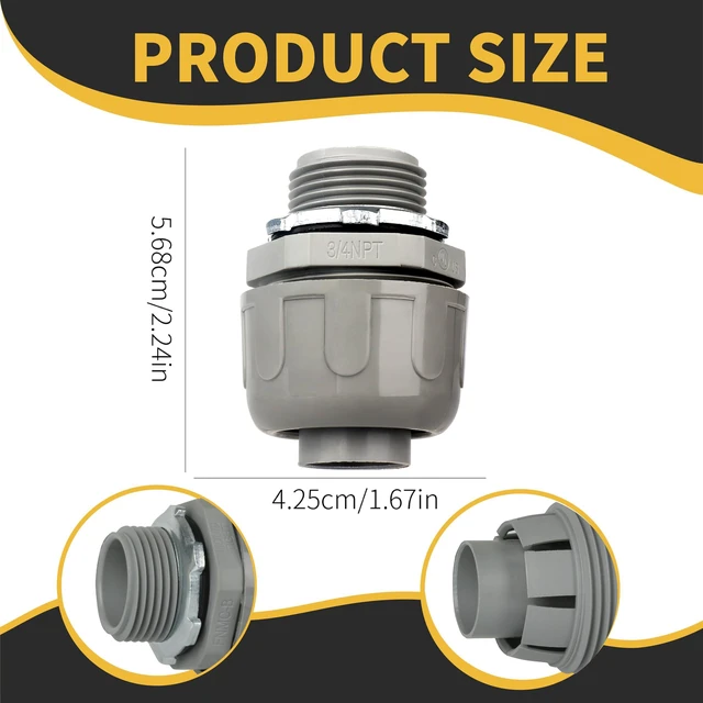 Alt view image 3 of 7 - Conduit Connectors, 3/4 Inch, Straight, Grey, 150-Pack Liquid Tight Connector, NPT, Non-Metallic, for PVC Electrical Flexible Conduit Fittings, 180 Degree, UL Listed