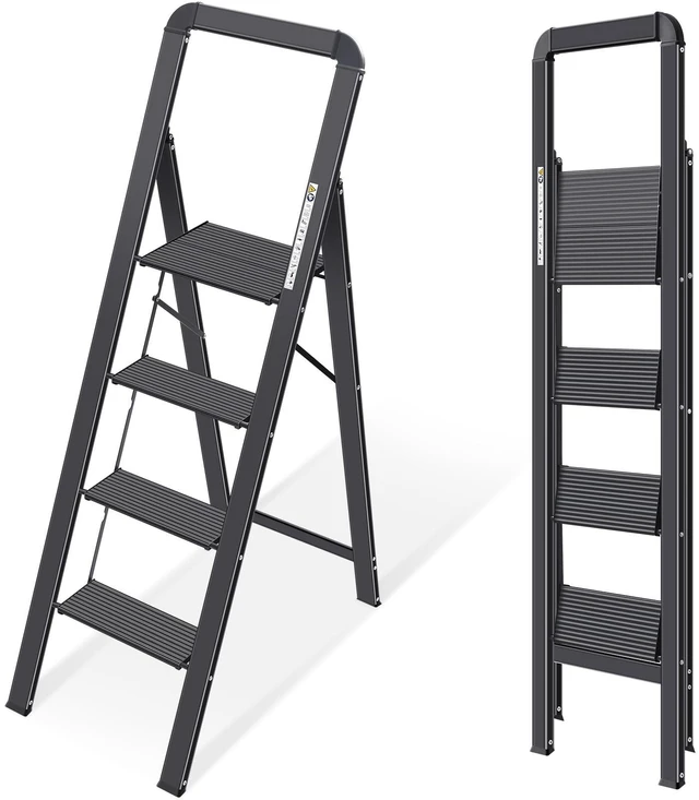 Main image of Aluminium 4 Step Ladder, Lightweight Step Stool with Non-Slip Pedals, Handrail, Foldable Step Ladder for Kitchen, Garage, Home, Space Saving, Sturdy and Portable, Black