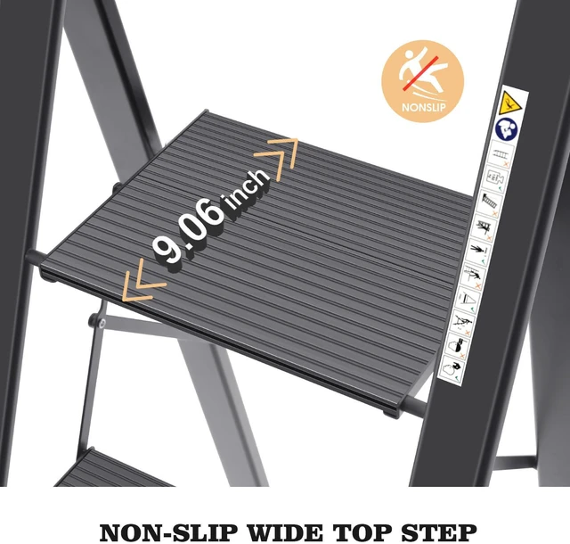 Alt view image 2 of 6 - Aluminium 4 Step Ladder, Lightweight Step Stool with Non-Slip Pedals, Handrail, Foldable Step Ladder for Kitchen, Garage, Home, Space Saving, Sturdy and Portable, Black
