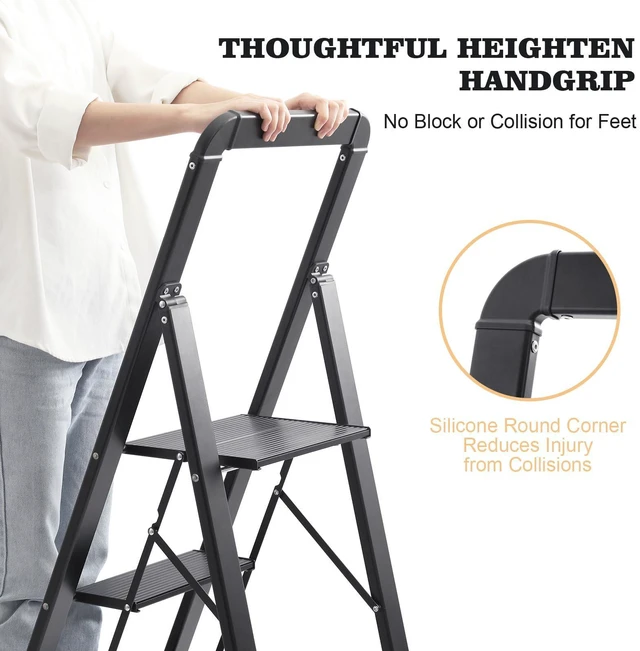 Alt view image 3 of 6 - Aluminium 4 Step Ladder, Lightweight Step Stool with Non-Slip Pedals, Handrail, Foldable Step Ladder for Kitchen, Garage, Home, Space Saving, Sturdy and Portable, Black