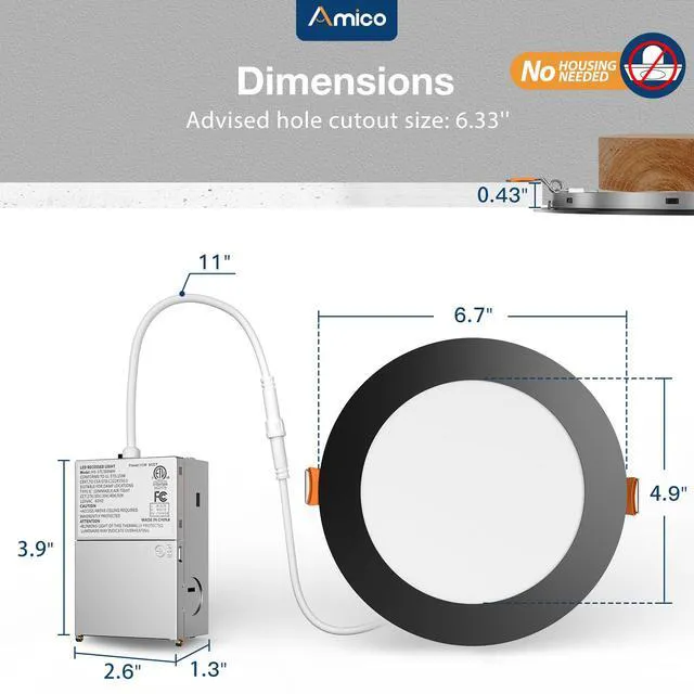Alt view image 4 of 7 - 12 Pack 6 Inch Ultra-Thin LED Recessed Ceiling Light, 5CCT, Black 1050LM, 5%-100% Dimmable, 2700K-5000K, No Flicker&Noise, Canless Wafer Downlight with Junction Box, 12W Eqv 110W, IC/ETL/FCC