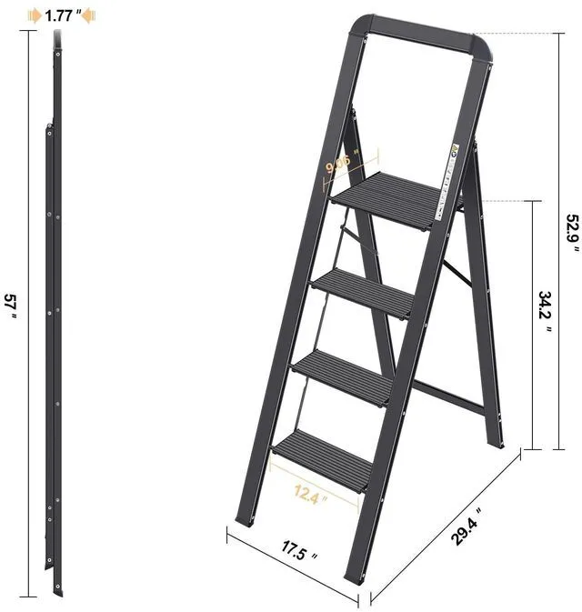Alt view image 6 of 6 - Aluminium 4 Step Ladder, Lightweight Step Stool with Non-Slip Pedals, Handrail, Foldable Step Ladder for Kitchen, Garage, Home, Space Saving, Sturdy and Portable, Black