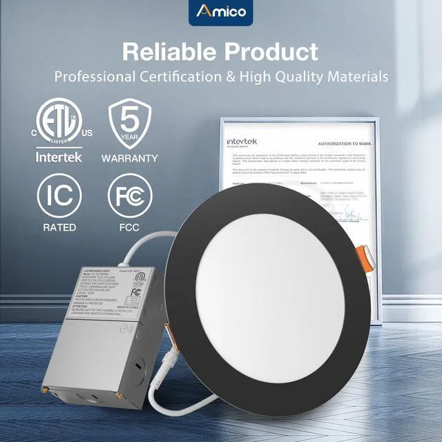 Alt view image 7 of 7 - 12 Pack 6 Inch Ultra-Thin LED Recessed Ceiling Light, 5CCT, Black 1050LM, 5%-100% Dimmable, 2700K-5000K, No Flicker&Noise, Canless Wafer Downlight with Junction Box, 12W Eqv 110W, IC/ETL/FCC