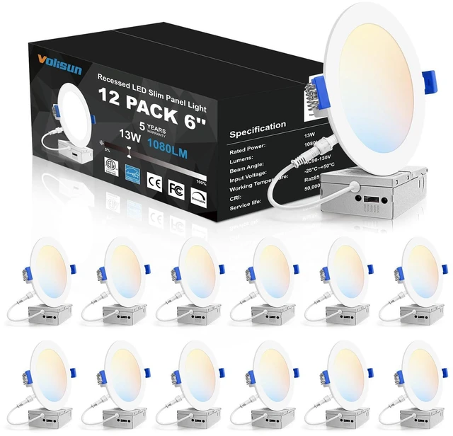 Main image of 12 Pack 6 inch Recessed Lighting, 5CCT, 13W Eqv 120W, 1080LM LED Recessed Light with Junction Box 2700K-5000K Selectable, Dimmable Canless Wafer Downlight, Ceiling Light ETL Certificated