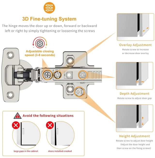 Alt view image 3 of 5 - 50 Pack Frameless Full Overlay Concealed European Hinges, Self Closing Satin Nickel, Soft Close 105 ° Open Angle 4D Adjustment, Speed Control, Clip On, Stainless Steel for Cabinet Door