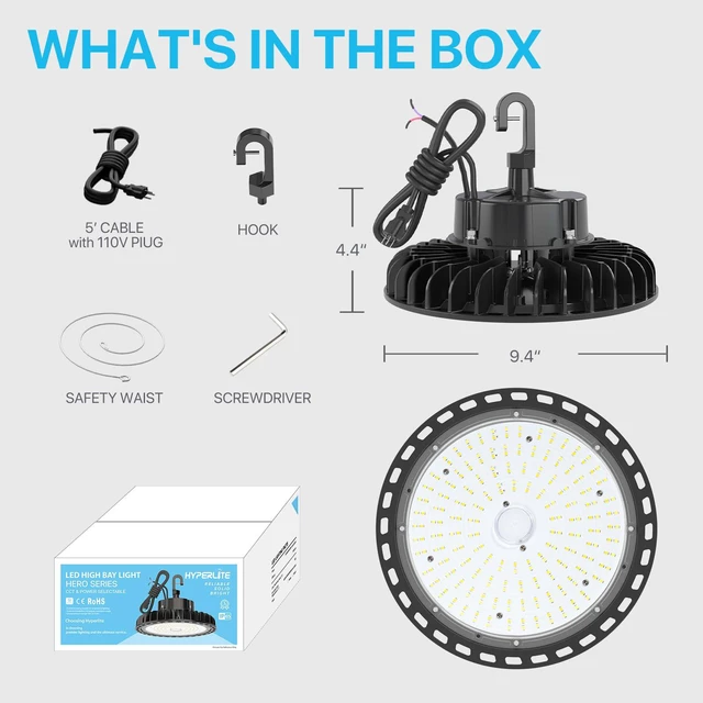 Alt view image 7 of 7 - High Bay Led Lights 100W 14,500LM (145lm/w) 5000K 1-10V Dimmable 5' Cable with 110V Plug US Hook UL Listed High Bay Led Shop Light for Barn Workshop Warehouse