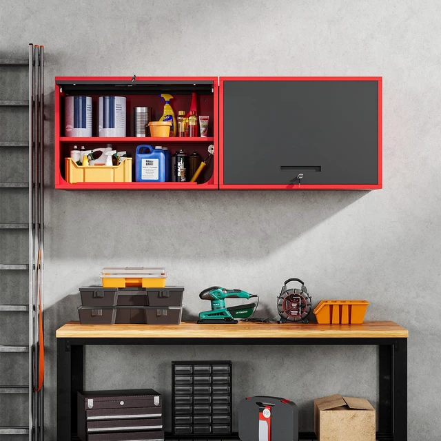 Alt view image 2 of 7 - Metal Garage Wall Cabinet with Doors and Shelves,Wall Mounted Metal Storage Cabinet, Floating Steel Tool Cabinet for Garage,Basement,Kitchen,Warehouse (Red Black,21.6" H)