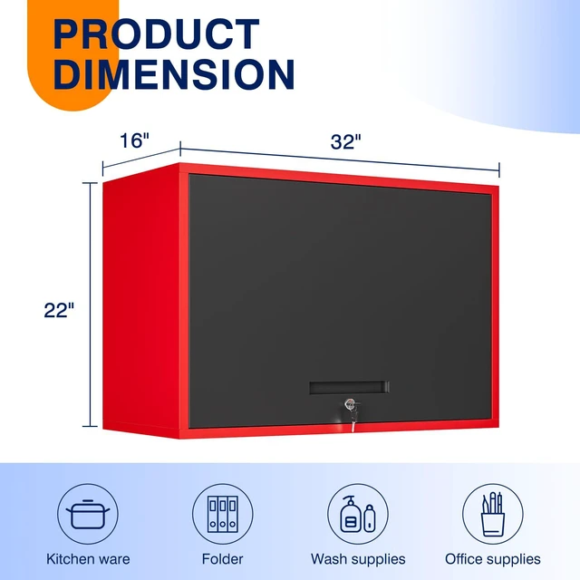 Alt view image 3 of 7 - Metal Garage Wall Cabinet with Doors and Shelves,Wall Mounted Metal Storage Cabinet, Floating Steel Tool Cabinet for Garage,Basement,Kitchen,Warehouse (Red Black,21.6" H)
