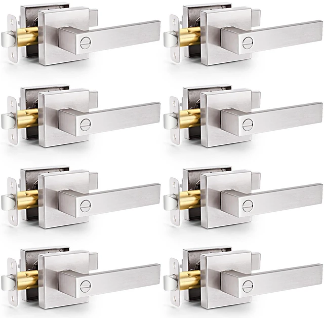 Main image of 8 Pack Brushed Nickel Door Handles Privacy Door Levers, Interior Door Knobs Keyless Flat Square Lockset Heavy Duty Door Locks Handleset for Bedroom Bathroom, Reversible for Left Right Handed Doors