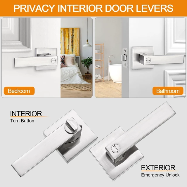 Alt view image 2 of 6 - 8 Pack Brushed Nickel Door Handles Privacy Door Levers, Interior Door Knobs Keyless Flat Square Lockset Heavy Duty Door Locks Handleset for Bedroom Bathroom, Reversible for Left Right Handed Doors