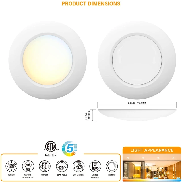Alt view image 2 of 6 - 8 Packs 6 Inch 5CCT Field Selectable LED Low Profile Recessed & Surface Mount Disk Light, Round, 15W, 920 Lumens, CRI80, 27K-30K-35K-40K-50K, Driverless, Dimmable, ETL & Wet Listed, White