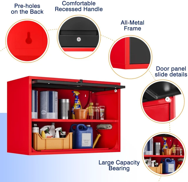 Alt view image 6 of 7 - Metal Garage Wall Cabinet with Doors and Shelves,Wall Mounted Metal Storage Cabinet, Floating Steel Tool Cabinet for Garage,Basement,Kitchen,Warehouse (Red Black,21.6" H)