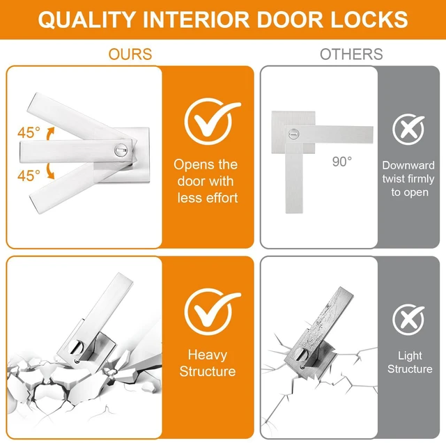 Alt view image 3 of 6 - 8 Pack Brushed Nickel Door Handles Privacy Door Levers, Interior Door Knobs Keyless Flat Square Lockset Heavy Duty Door Locks Handleset for Bedroom Bathroom, Reversible for Left Right Handed Doors