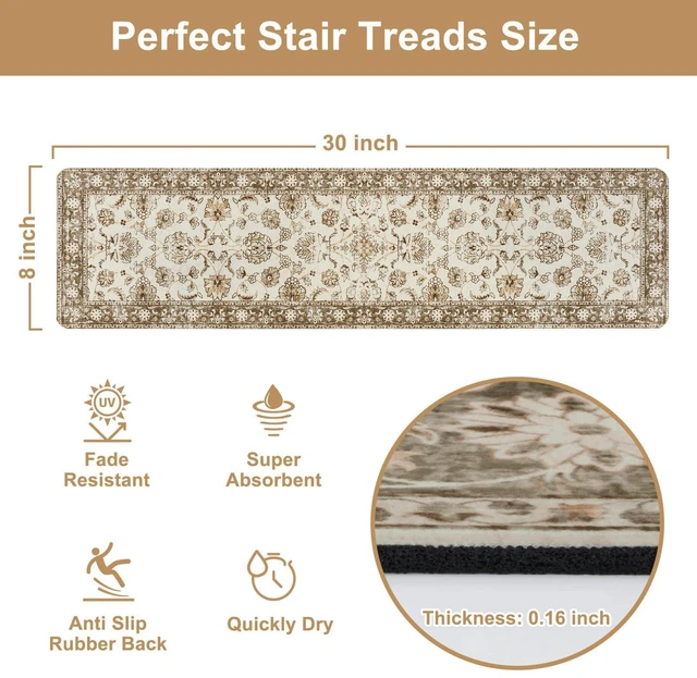 Alt view image 2 of 7 - Vintage Stair Treads Non-Slip Stair Runners for Wooden Steps 15PCS 30"x8" Indoor Carpet Stair Treads Mats Staircase Step Treads for Kids, Elders and Dogs, Stair Covers, Beige