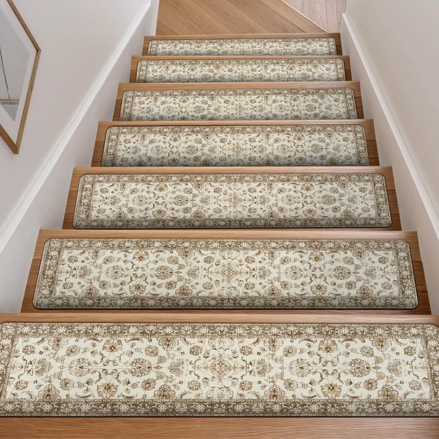Main image of Vintage Stair Treads Non-Slip Stair Runners for Wooden Steps 15PCS 30"x8" Indoor Carpet Stair Treads Mats Staircase Step Treads for Kids, Elders and Dogs, Stair Covers, Beige