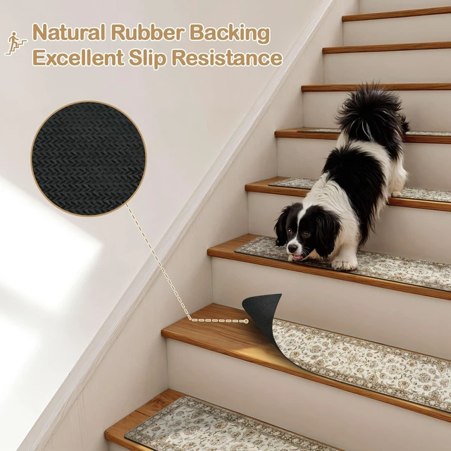 Alt view image 3 of 7 - Vintage Stair Treads Non-Slip Stair Runners for Wooden Steps 15PCS 30"x8" Indoor Carpet Stair Treads Mats Staircase Step Treads for Kids, Elders and Dogs, Stair Covers, Beige