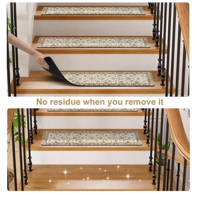 Alt view image 4 of 7 - Vintage Stair Treads Non-Slip Stair Runners for Wooden Steps 15PCS 30"x8" Indoor Carpet Stair Treads Mats Staircase Step Treads for Kids, Elders and Dogs, Stair Covers, Beige