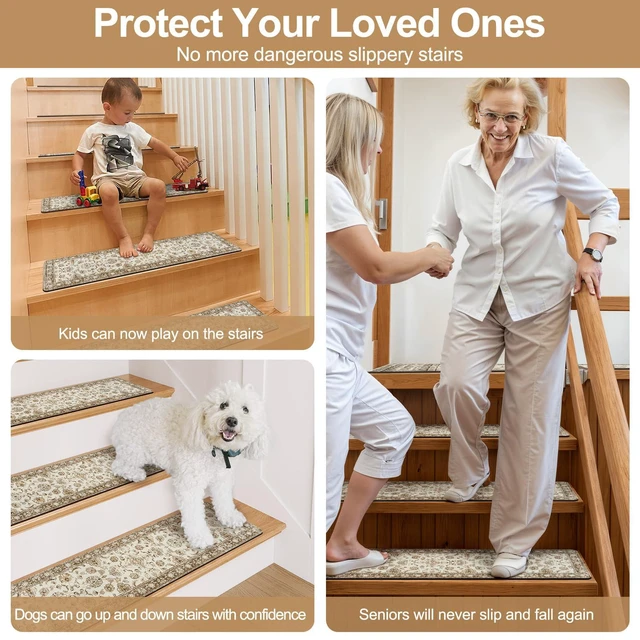 Alt view image 5 of 7 - Vintage Stair Treads Non-Slip Stair Runners for Wooden Steps 15PCS 30"x8" Indoor Carpet Stair Treads Mats Staircase Step Treads for Kids, Elders and Dogs, Stair Covers, Beige