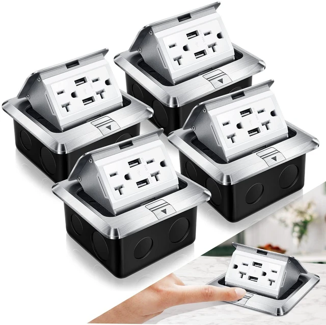 Main image of 4 Pack Pop up Floor Electrical Outlet Cover, 20Amp USB, Silver