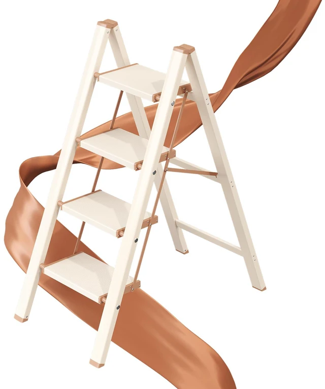 Main image of 4 Step Ladder, Foldable Aluminum Step Stool with Anti-Slip Pedal Lightweight yet Sturdy, Portable, Non Slip Feet, 300Lbs Capacity, Elegant Look, for Kitchen, Closet, Pantry, Cream Chocolate