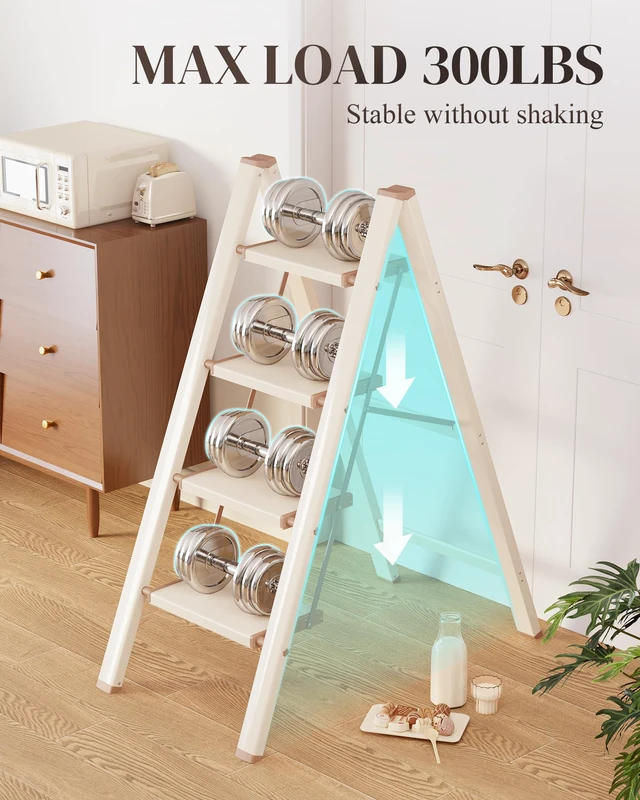 Alt view image 4 of 7 - 4 Step Ladder, Foldable Aluminum Step Stool with Anti-Slip Pedal Lightweight yet Sturdy, Portable, Non Slip Feet, 300Lbs Capacity, Elegant Look, for Kitchen, Closet, Pantry, Cream Chocolate