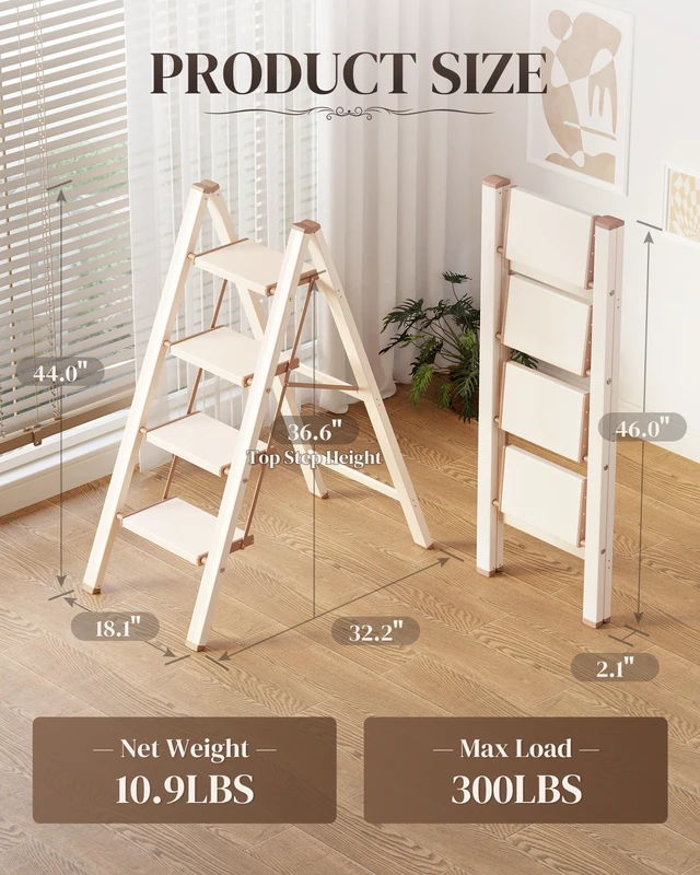 Alt view image 6 of 7 - 4 Step Ladder, Foldable Aluminum Step Stool with Anti-Slip Pedal Lightweight yet Sturdy, Portable, Non Slip Feet, 300Lbs Capacity, Elegant Look, for Kitchen, Closet, Pantry, Cream Chocolate