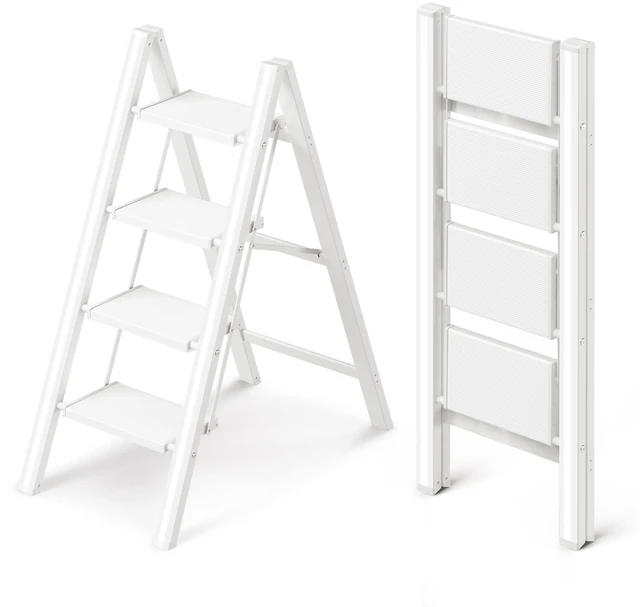 Main image of 4 Step Ladder, Foldable Aluminum Step Stool with Anti-Slip Pedal Lightweight yet Sturdy, Portable, Non Slip Feet, 300Lbs Capacity, Elegant Look, for Kitchen, Closet, Pantry, White