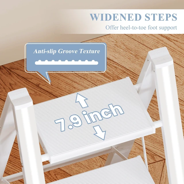 Alt view image 2 of 7 - 2 Step Ladder, Foldable Aluminum Step Stool with Anti-Slip Pedal Lightweight yet Sturdy, Portable, Non Slip Feet, 300Lbs Capacity, Elegant Look, for Kitchen, Closet, Pantry, White
