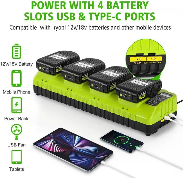 Alt view image 4 of 7 - Replace Ryobi 18V Battery Charger,P117 Dual-Port Simultaneous Charger for Ryobi 12V-18V One+ Lithium Battery P100 P102 P103 P105 P107 P108 P190 PBP005 PBP006 PBP2005