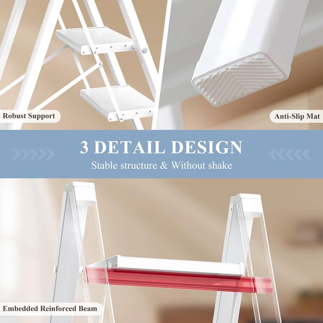 Alt view image 3 of 7 - 2 Step Ladder, Foldable Aluminum Step Stool with Anti-Slip Pedal Lightweight yet Sturdy, Portable, Non Slip Feet, 300Lbs Capacity, Elegant Look, for Kitchen, Closet, Pantry, White