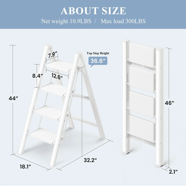 Alt view image 6 of 7 - 4 Step Ladder, Foldable Aluminum Step Stool with Anti-Slip Pedal Lightweight yet Sturdy, Portable, Non Slip Feet, 300Lbs Capacity, Elegant Look, for Kitchen, Closet, Pantry, White