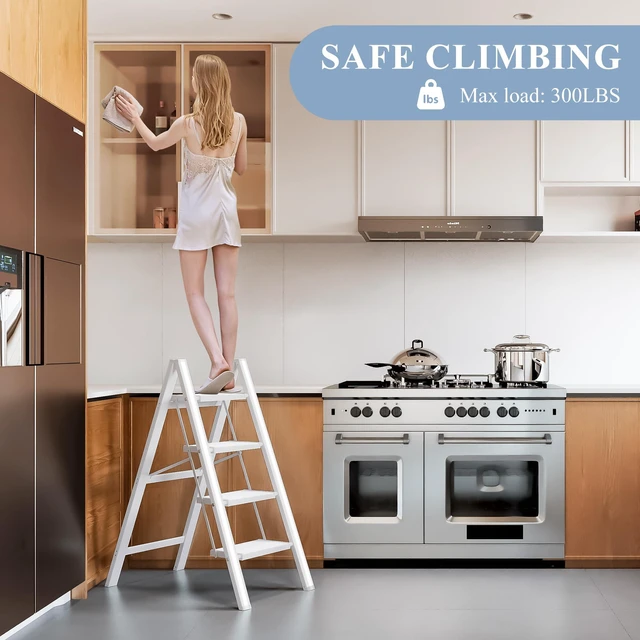 Alt view image 5 of 7 - 4 Step Ladder, Foldable Aluminum Step Stool with Anti-Slip Pedal Lightweight yet Sturdy, Portable, Non Slip Feet, 300Lbs Capacity, Elegant Look, for Kitchen, Closet, Pantry, White