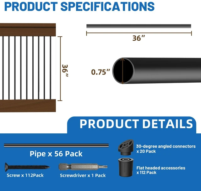 Alt view image 2 of 7 - 56 Pack 36 inch Aluminum Balusters for Deck Railing,Black Round Metal Spindles for Staircase,3/4" Diameter Hollow Deck Ballasters with Screws and Connectors for Railing Fencing Porch Stair Spindles