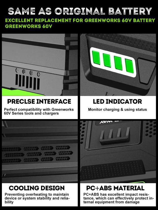 Alt view image 3 of 7 - 5.0AH Replacement for Greenworks 60V Battery Fit for 75+ Green Works 60V Tools & Greenworks Battery LB60A03 LB60A02 LB60A00