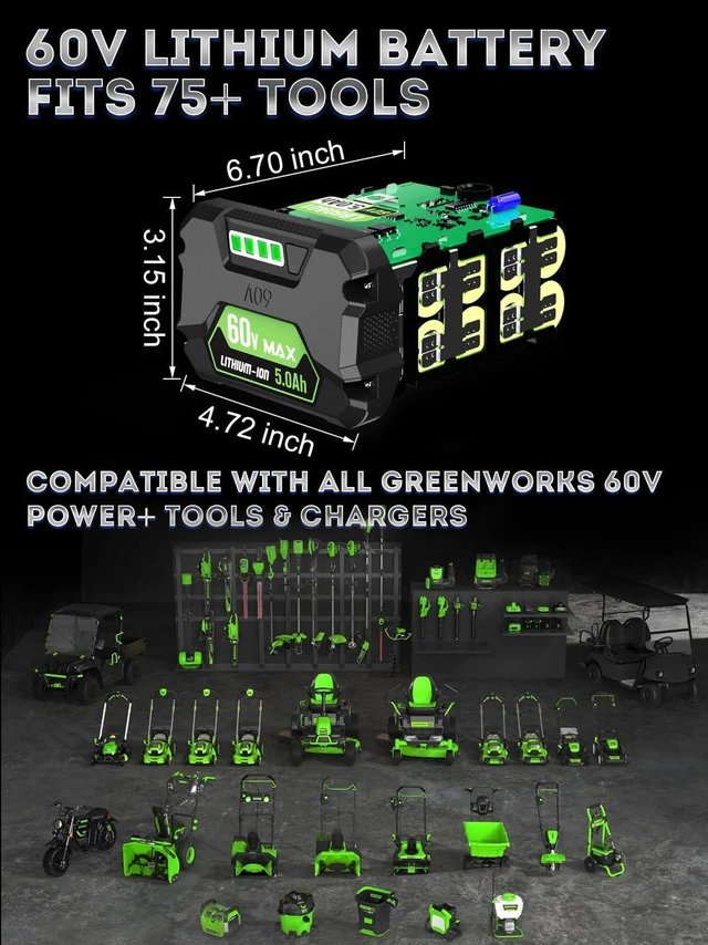 Alt view image 4 of 7 - 5.0AH Replacement for Greenworks 60V Battery Fit for 75+ Green Works 60V Tools & Greenworks Battery LB60A03 LB60A02 LB60A00