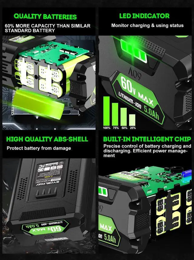 Alt view image 7 of 7 - 5.0AH Replacement for Greenworks 60V Battery Fit for 75+ Green Works 60V Tools & Greenworks Battery LB60A03 LB60A02 LB60A00